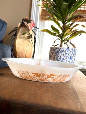 Vintage Glasbake Divided Dish J2352-7 Milk Glass Brown Floral Scroll Pattern